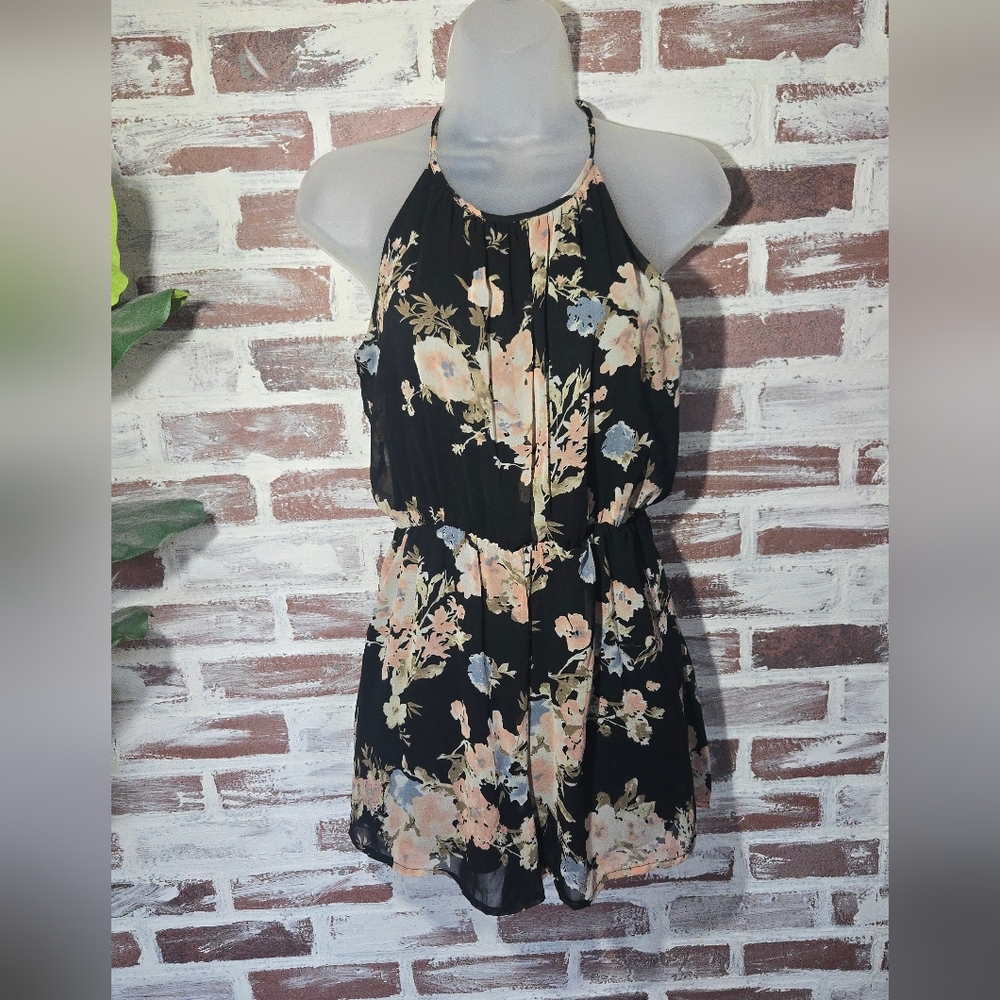 Sienna Sky Black Floral Halter Romper with Blush and Pale Blue Blooms